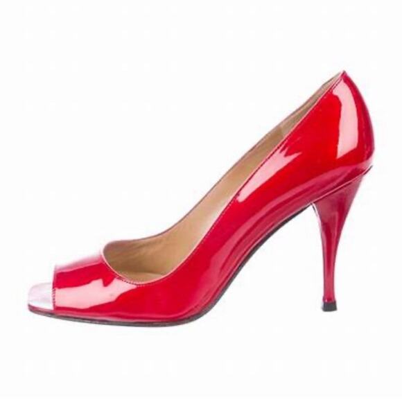 Stuart Weitzman Red Patent Leather Peep Toe Heels Size 9.5 - Picture 1 of 11